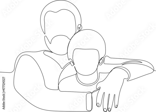 One continuous line is a concept. Continuous drawing of a line of a family portrait grandfather hugging adorable little grandson. Vector illustration
