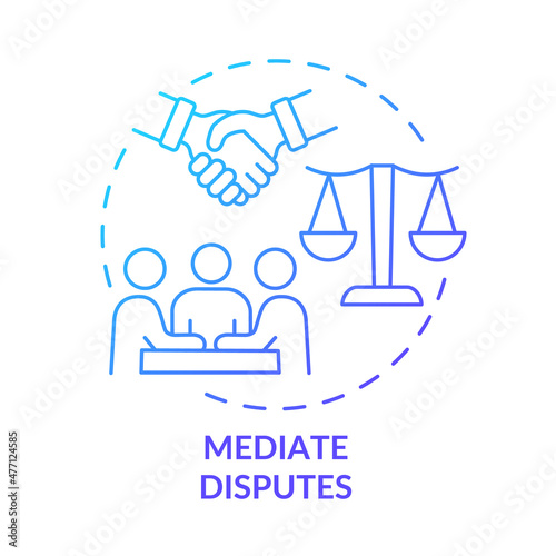 Mediate disputes blue gradient concept icon. Respectful discussion. Team communication abstract idea thin line illustration. Isolated outline drawing. Roboto-Medium, Myriad Pro-Bold fonts used