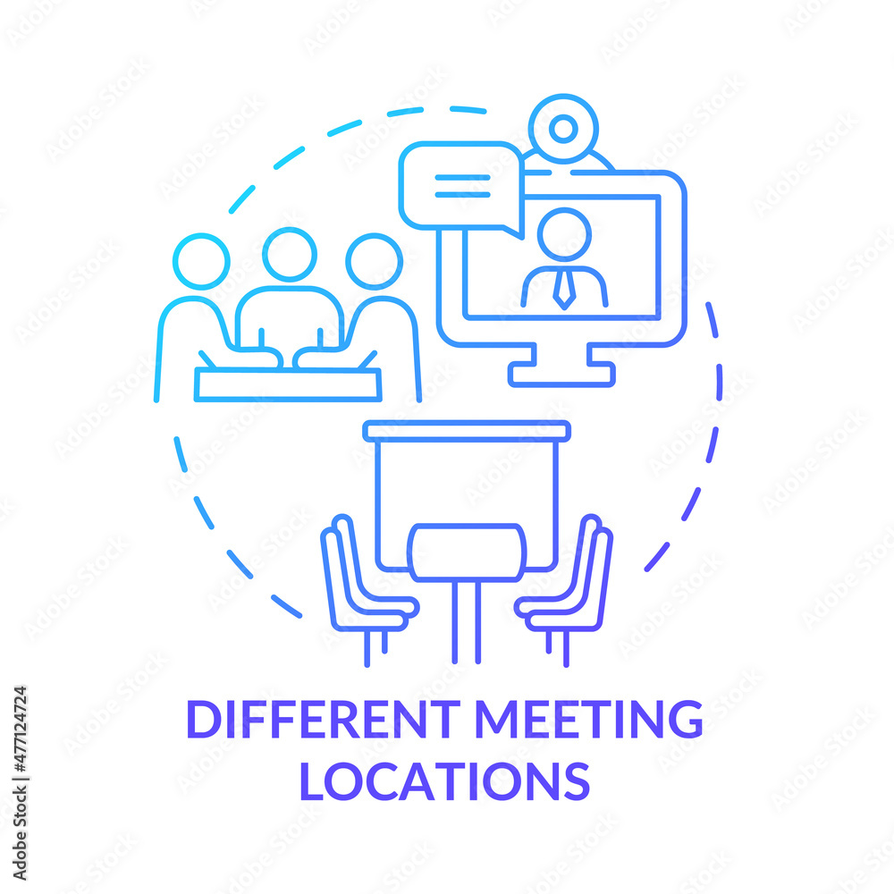Different meeting locations blue gradient concept icon. Teamwork productivity boosting abstract idea thin line illustration. Isolated outline drawing. Roboto-Medium, Myriad Pro-Bold fonts used Different meeting locations blue gradient concept icon. Teamwork productivity boosting abstract idea thin line illustration. Isolated outline drawing. Roboto-Medium, Myriad Pro-Bold fonts used