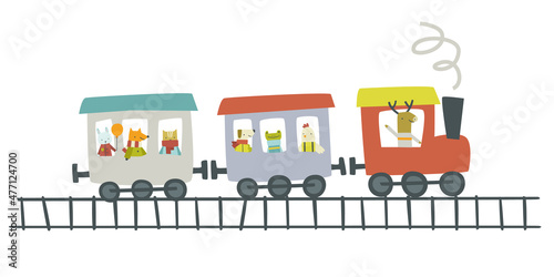 Cute baby train with friendly animals. Abstract cartoon locomotive with wagon travels by railway.
