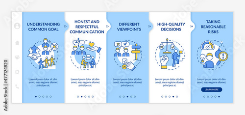 Teamwork tips blue and white onboarding template. Successful company work. Responsive mobile website with linear concept icons. Web page walkthrough 5 step screens. Lato-Bold, Regular fonts used