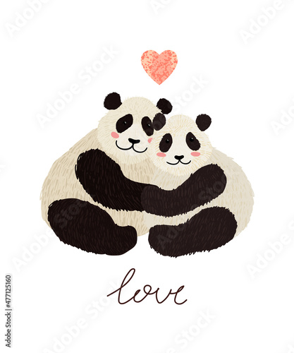 Vector colorful greeting card with cute illustration of panda couple in love. Flyers, invitation, poster, brochure, banner. Happy Valentines Day