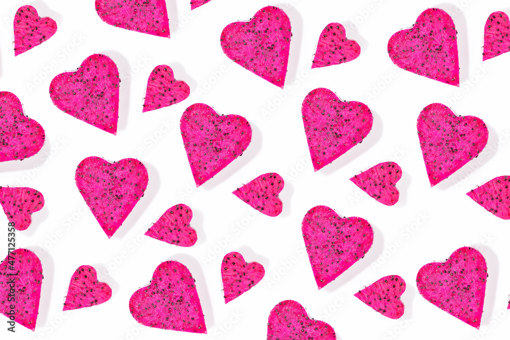 White background with pitahaya fruit hearts White background with pitahaya fruit hearts