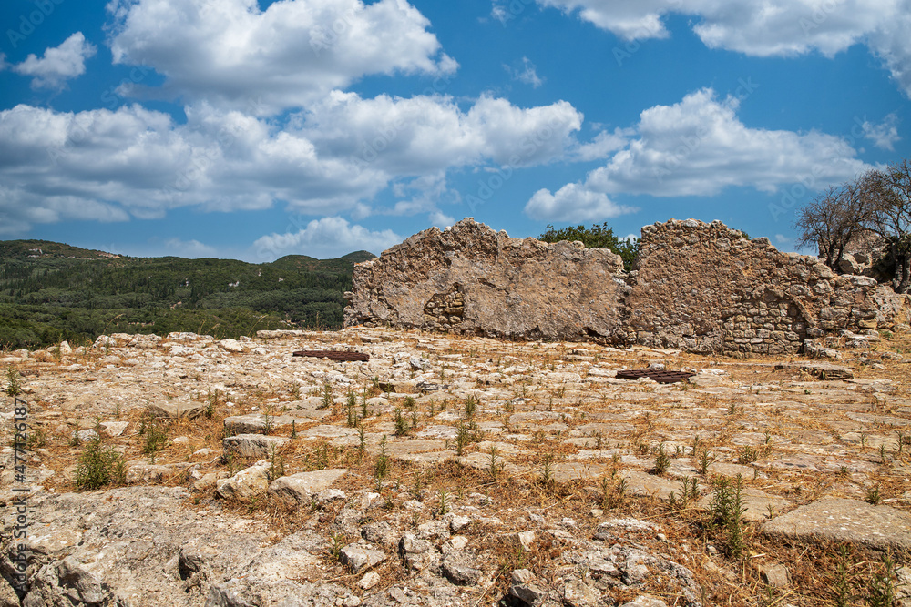 Ancient stone ruins in fortress Angelocastro, Corfu, Greece.