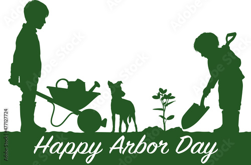 Happy Arbor Day  children planting tree vector silhouette