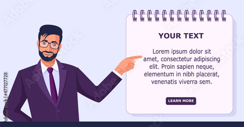 Male Indian businessman in a suit and tie smiles and points with his hand to an empty space to insert text. Color banner illustration.