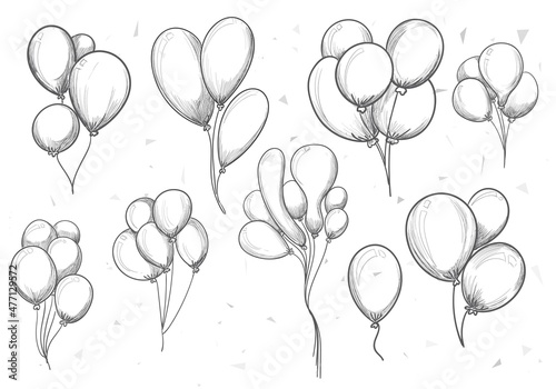 Slika na platnu Hand drawn birthday with balloons sketch set design