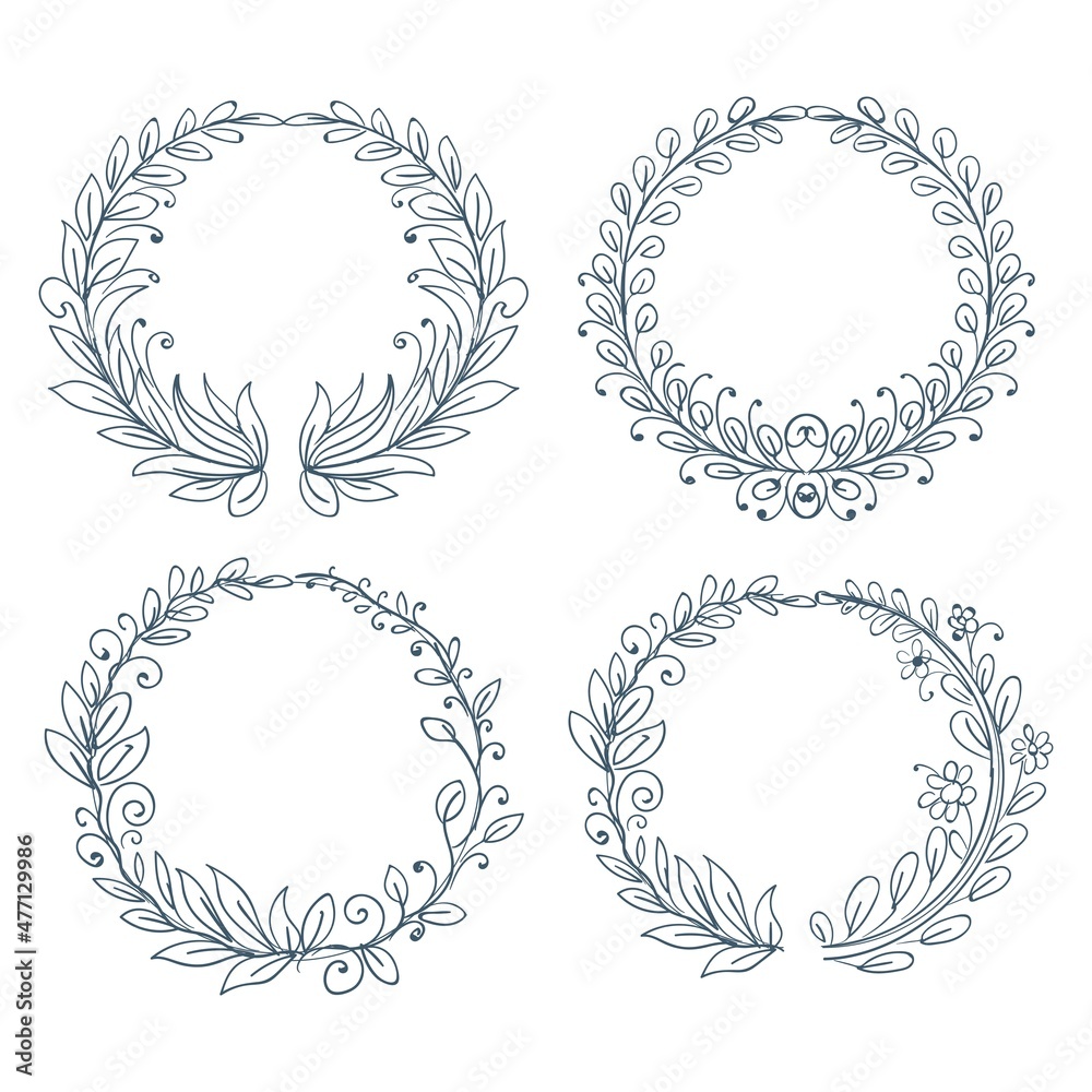 Hand drawn circular ornaments floral frame set design