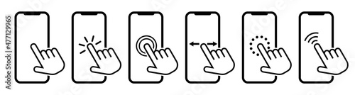 Hand with finger click smartphone icons. Vector finger touches technology phone app. Flat symbol of tap point, pointer on touchscreen. Screen service sign for web.Smart tablet with push, press cursor