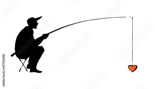 Vector drawing. The fisherman catches the heart