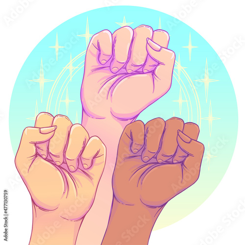 Fight like a girl. 3 Woman's hands with her fist raised up. Girl Power. Feminism concept. Realistic style vector illustration in pink pastel goth colors. Sticker, patch graphic design.