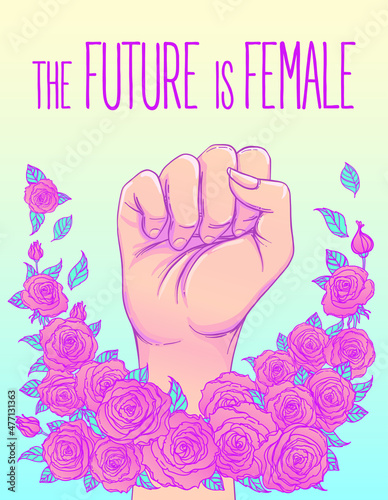 The future is female. Woman's hand with her fist raised up. Girl Power. Feminism concept. Realistic vector illustration in pink pastel goth colors. Sticker, patch graphic design.