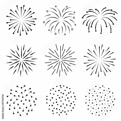Fireworks line icon set. Outline. Carnival celebration, festival lights, Christmas salute, flash and New Year firework set icons. Web banner. Vector Illustration.