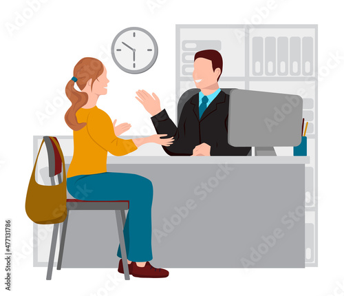 Male manager is sitting at a table. Woman is sitting on a chair. The girl communicates with the supervisor. Discussion between the boss and the subordinate. Vector illustration in flat style