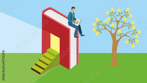 Man sitting on book with entrance to knowledge. Tree with light bulbs. Vector illustration. Dimension 16:9. EPS10.