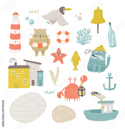 Canvas Print Cute nautical animals. Funny cartoon sea kids character clip art