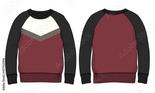 Long sleeve Sweatshirt With Cut and sew fashion Flat Sketches technical drawing vector template For men's. Apparel dress design mock up CAD illustration. Sweater fashion design isolated on white back.