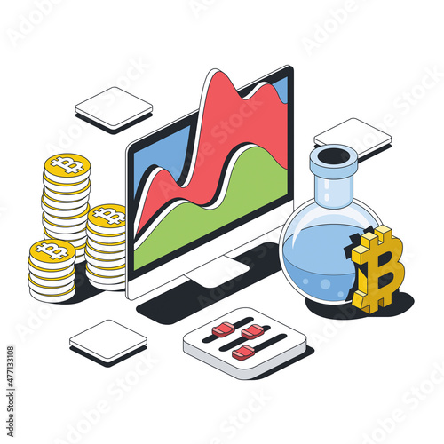 Monitor screen graphics, bitcoin coins, test tube experiments, setting options. Vector 3d line isometric, color web icons, new flat style. Creative illustration, design idea for infographics.