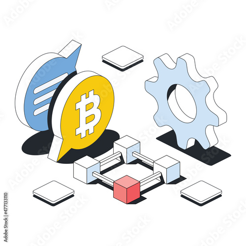 Gears system cryptocurrency, chat bubble bitcoin symbol. Vector 3d line isometric, color web icons, new flat style. Creative illustration, design idea for infographics.