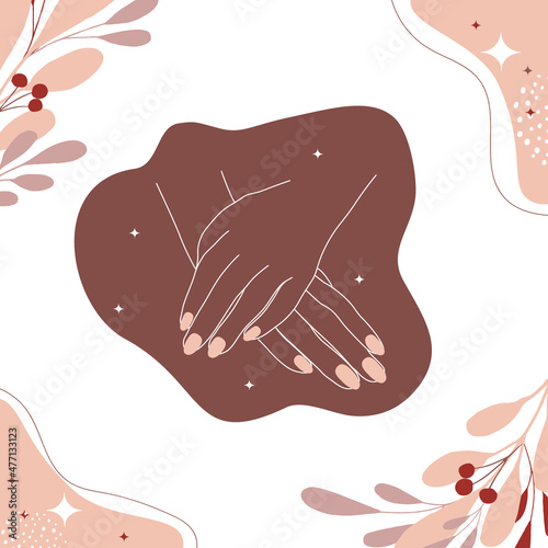Hand logo in a minimal linear style.Elegant floral frame with hand and butterfly on white background. Vector emblem perfect for logotype design or labels of nail masters,beauty salon,cosmetics