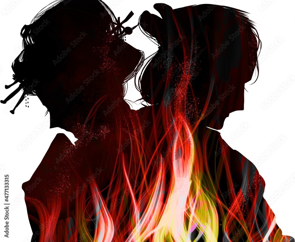 武士と芸者の恋の炎のシルエットイラスト Stock Illustration Adobe Stock