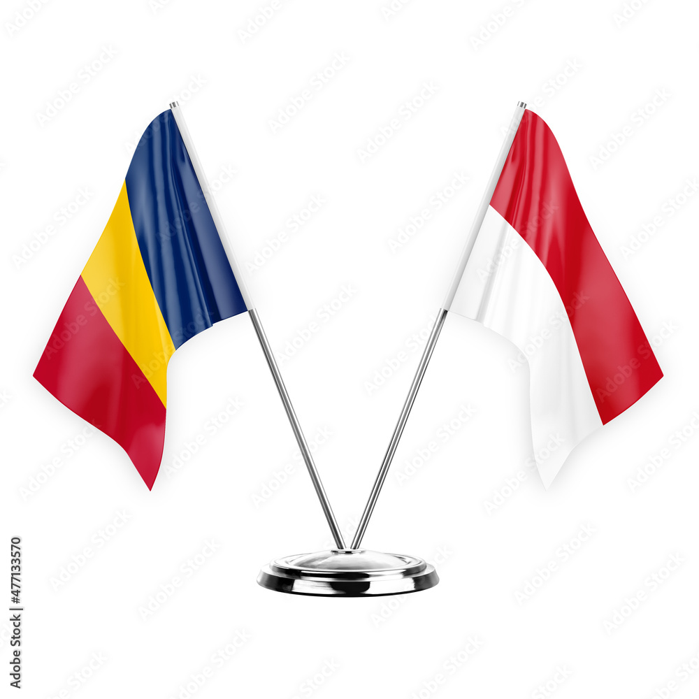 Two table flags isolated on white background 3d illustration, chad and monaco Two table flags isolated on white background 3d illustration, chad and monaco