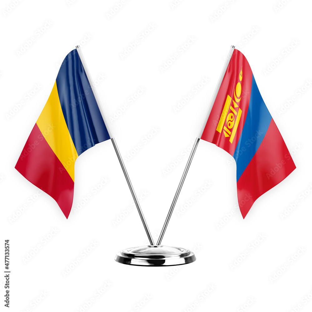 Two table flags isolated on white background 3d illustration, chad and mongolia Two table flags isolated on white background 3d illustration, chad and mongolia