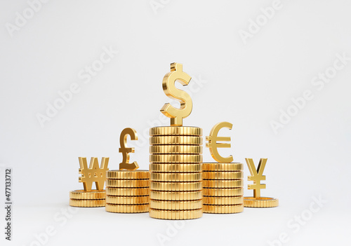 Isolate of main currency on golden coin stacking include dollar euro pound sterling yen yuan and won on white background for currency exchange concept by 3d rendering. photo