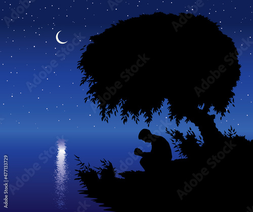 Vector drawing. Tree at the lake