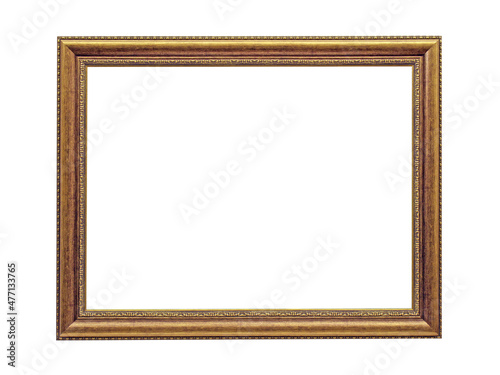 Wooden golden frame for paintings. Isolated on white