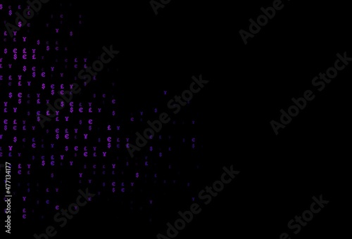 Dark Purple vector background with Euro, Yen, Pound.