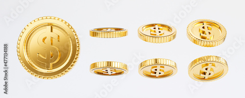 Isolate of golden USD dollar coins in different angle and rotation on white background by 3d rendering.