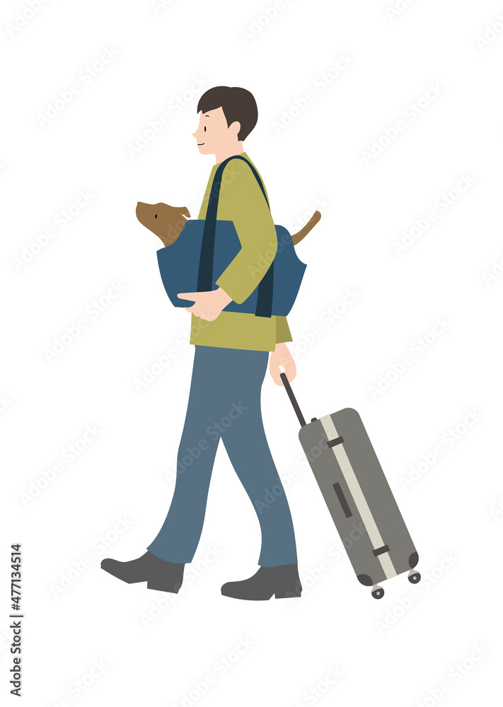 キャリーバッグに入れた犬と、スーツケースを運んでいる男性(帰省やペット旅行等のイメージに) キャリーバッグに入れた犬と、スーツケースを運んでいる男性(帰省やペット旅行等のイメージに)