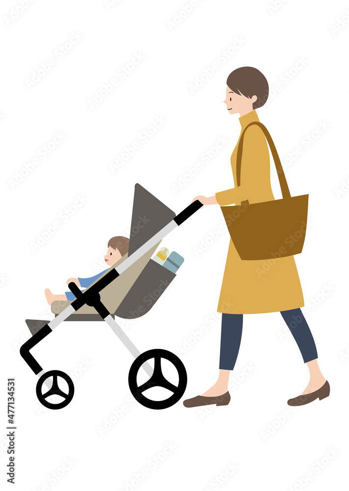 赤ちゃんと、水筒・哺乳瓶が入ったベビーカーを押す女性（散歩やr旅行等のイメージに）
