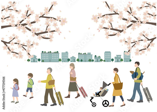 桜を背景に、ペットを連れた３世代家族の旅行をイメージしたイラスト