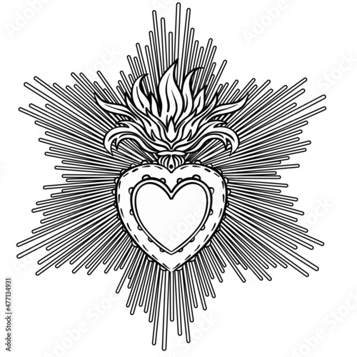 Sacred Heart of Jesus with rays. Vector illustration black isolated on white. Trendy Vintage style element. Spirituality, occultism, alchemy, magic, love. Coloring book for adults.