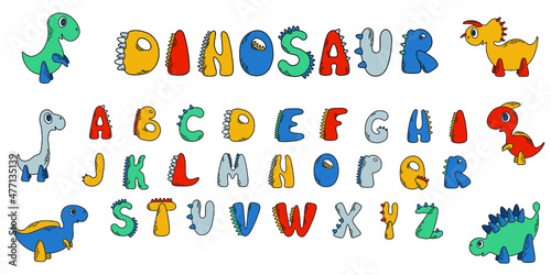 Vector set with English alphabet and sixth dinosaurs. Children’s learning material in bright colors. Kid’s poster.