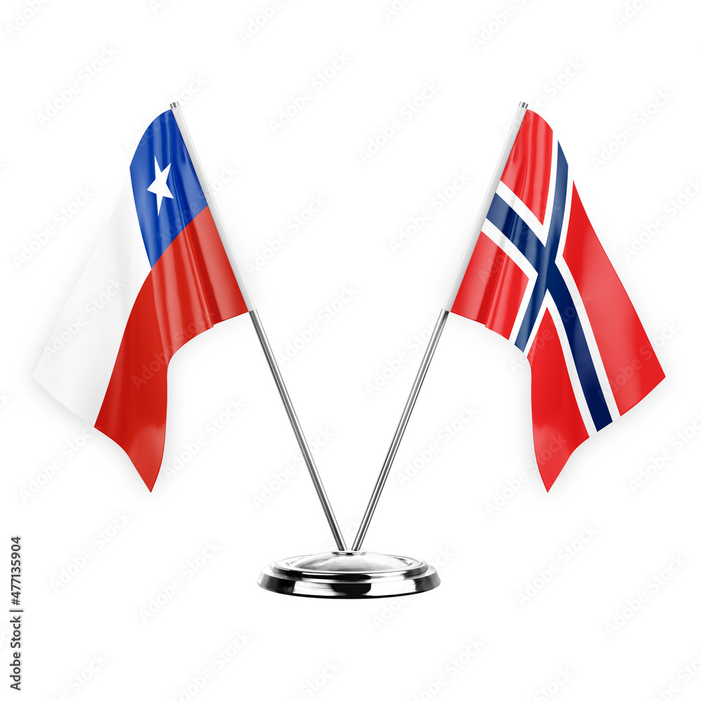 Two table flags isolated on white background 3d illustration, chile and norway