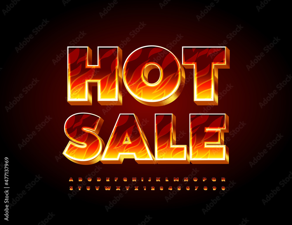 Vector bright Banner Sale. Burning 3D Font. Flaming Alphabet Letters and Numbers