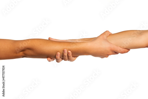 Two female hands holding each other, isolated on white.