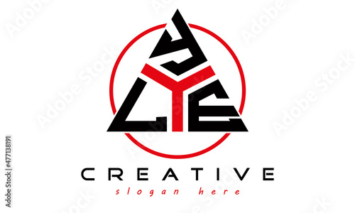 triangle badge with circle LYE letter logo design vector, business logo, icon shape logo, stylish logo template