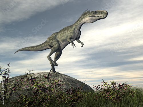 Monolophosaurus dinosaur on a rock - 3D render © Elenarts