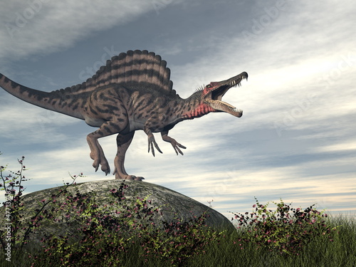 Spinosaurus dinosaur roaring on a rock - 3D render