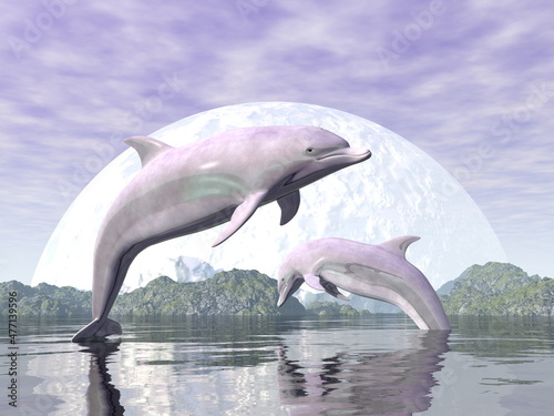 Freedom of the dolphins by full moon - 3D render
