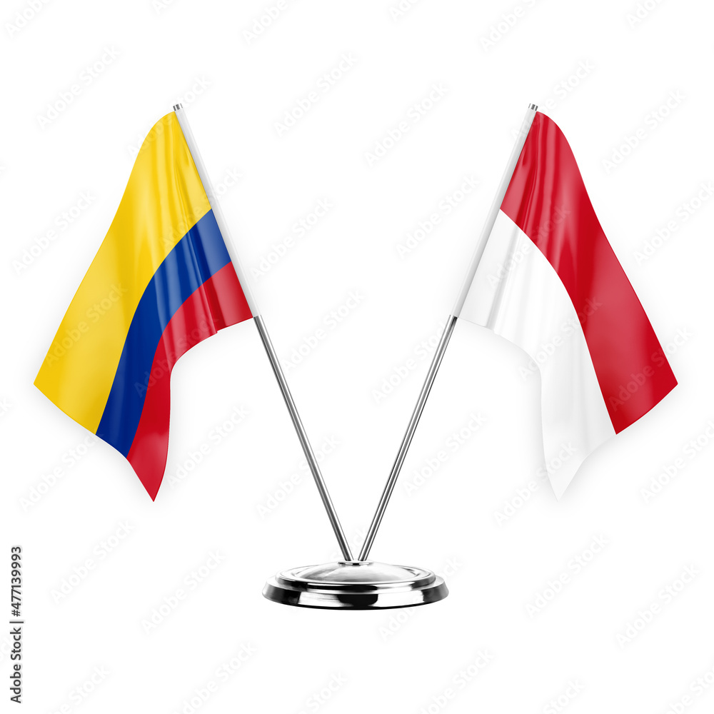 Two table flags isolated on white background 3d illustration, colombia and monaco Two table flags isolated on white background 3d illustration, colombia and monaco