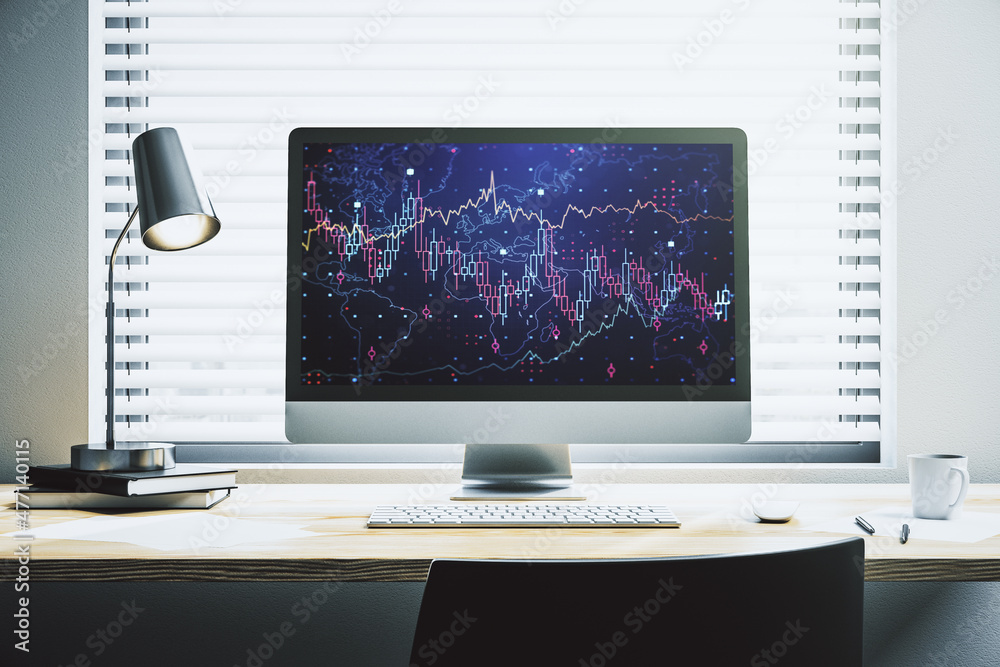 Abstract creative financial graph on modern laptop monitor, forex and investment concept. 3D Rendering Abstract creative financial graph on modern laptop monitor, forex and investment concept. 3D Rendering