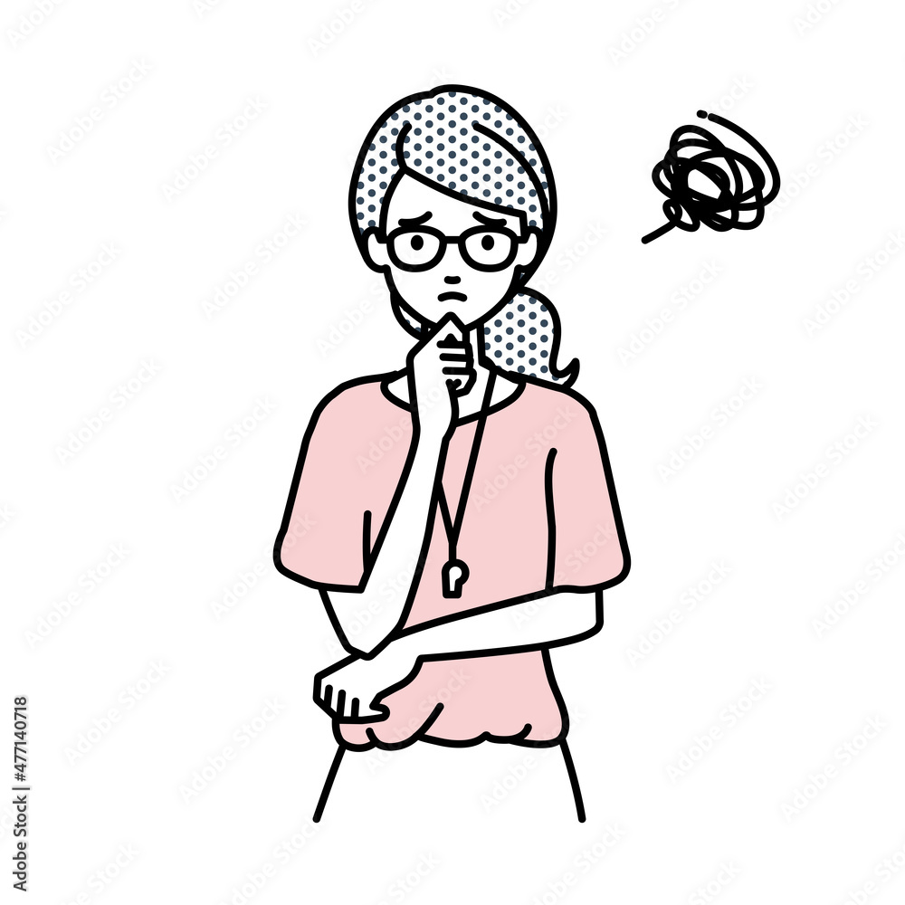 立って手をあごにあてて困っている教師の女性