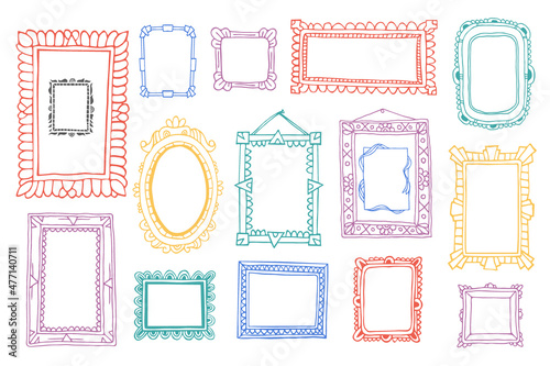Vintage photo frame in doodle style. Vector hand drawn set with picture frames