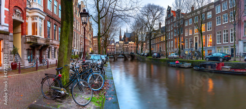 Panorama of Amsterdam canal Leidsegracht with typical dutch houses and bridge, Holland, Netherlands