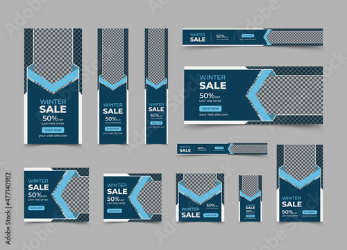 Winter sales web banner template design, Vector horizontal and vertical google web banner design or social media cover ads